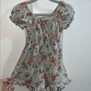 Smocked Floral Puff Sleeve Romper- Dusty Blue with Rust Roses